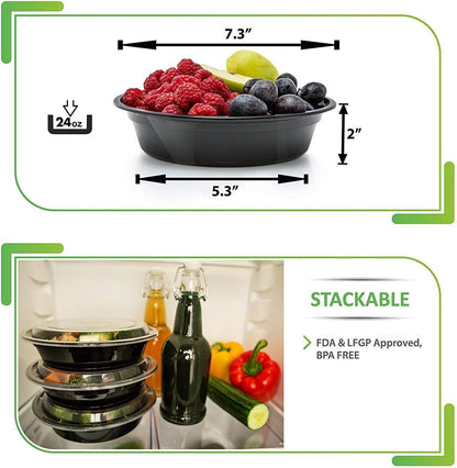 Meal Prep Containers - Dishwasher-Safe Plastic Bowls with Lids - Freezer & Microwave-Safe Food Storage Containers with Lids - Portion-Control Meal Prep Bowls - 30 Pack, 24 Oz, Black